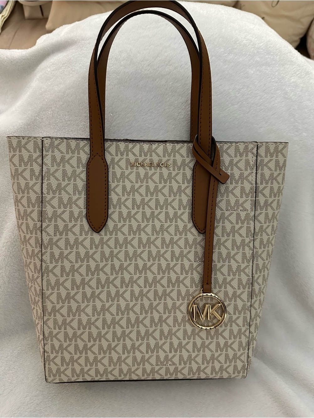 Michael Kors Beige & Brown MK Logo Tote with Gold Charm
